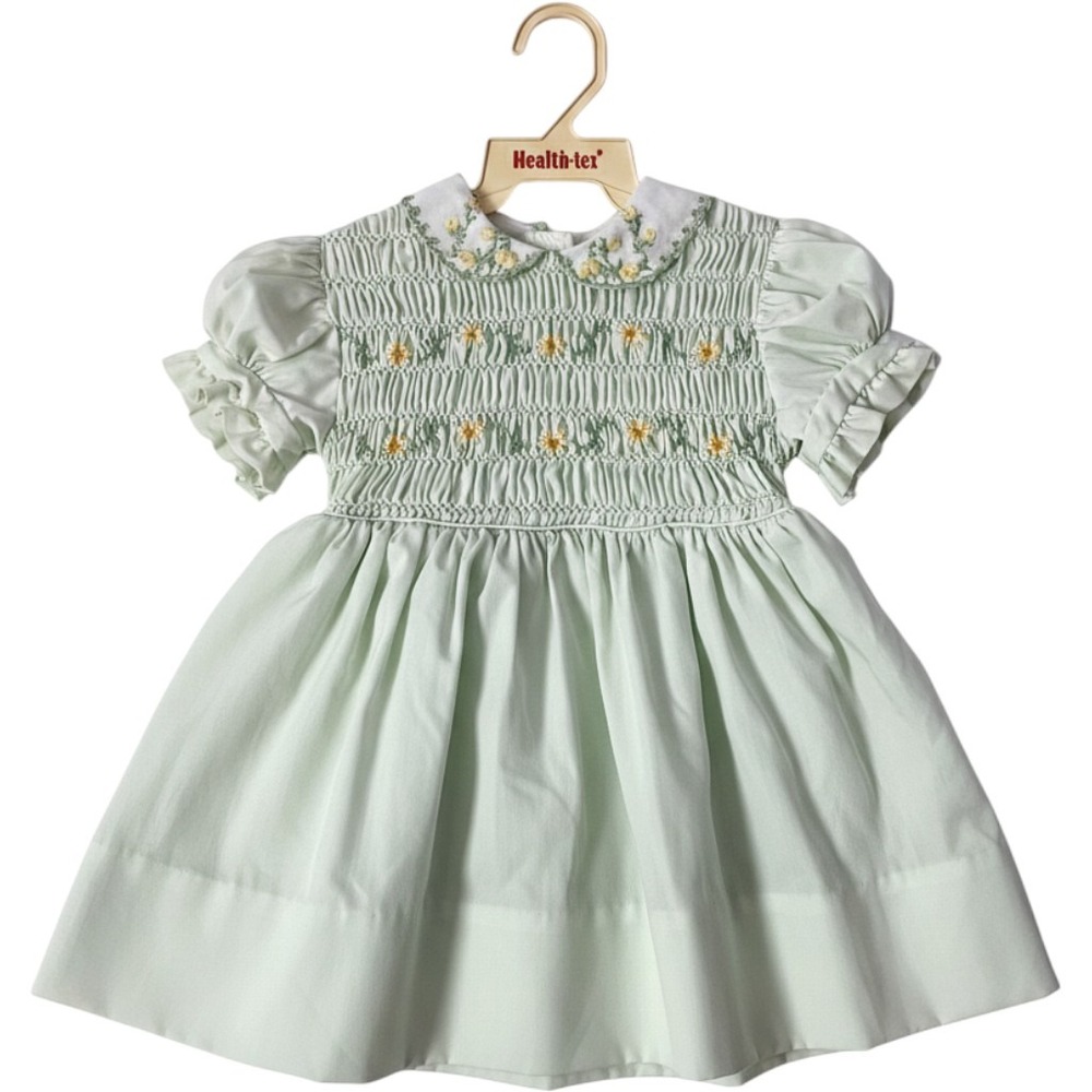 Polly Flinders Vintage Hand Smocked Dress Mint Green Floral Toddler 2 Peter Pan